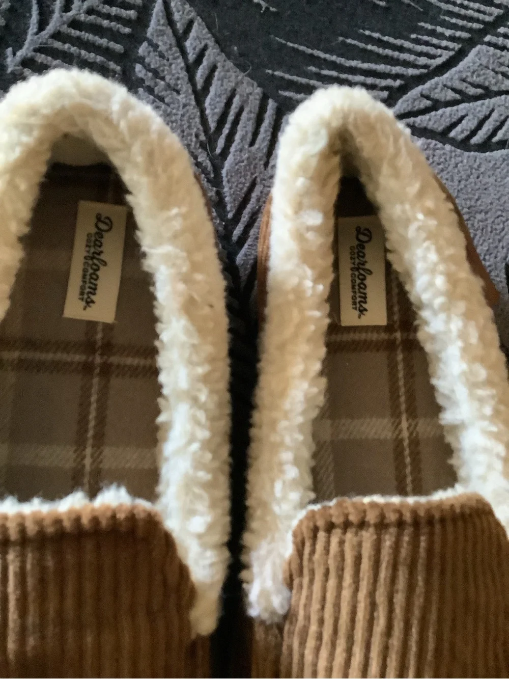 dearfoams Brown Corduroy Slip-On Moccasin Slippers with Cream Sherpa Lining